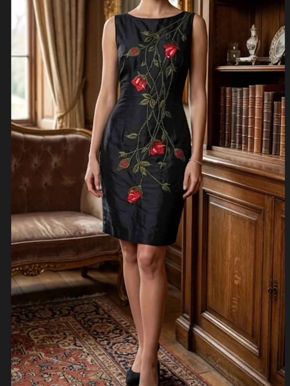 Vintage 100% Silk Black Mini Dress with Beaded Rose Embroidery - Romantic M